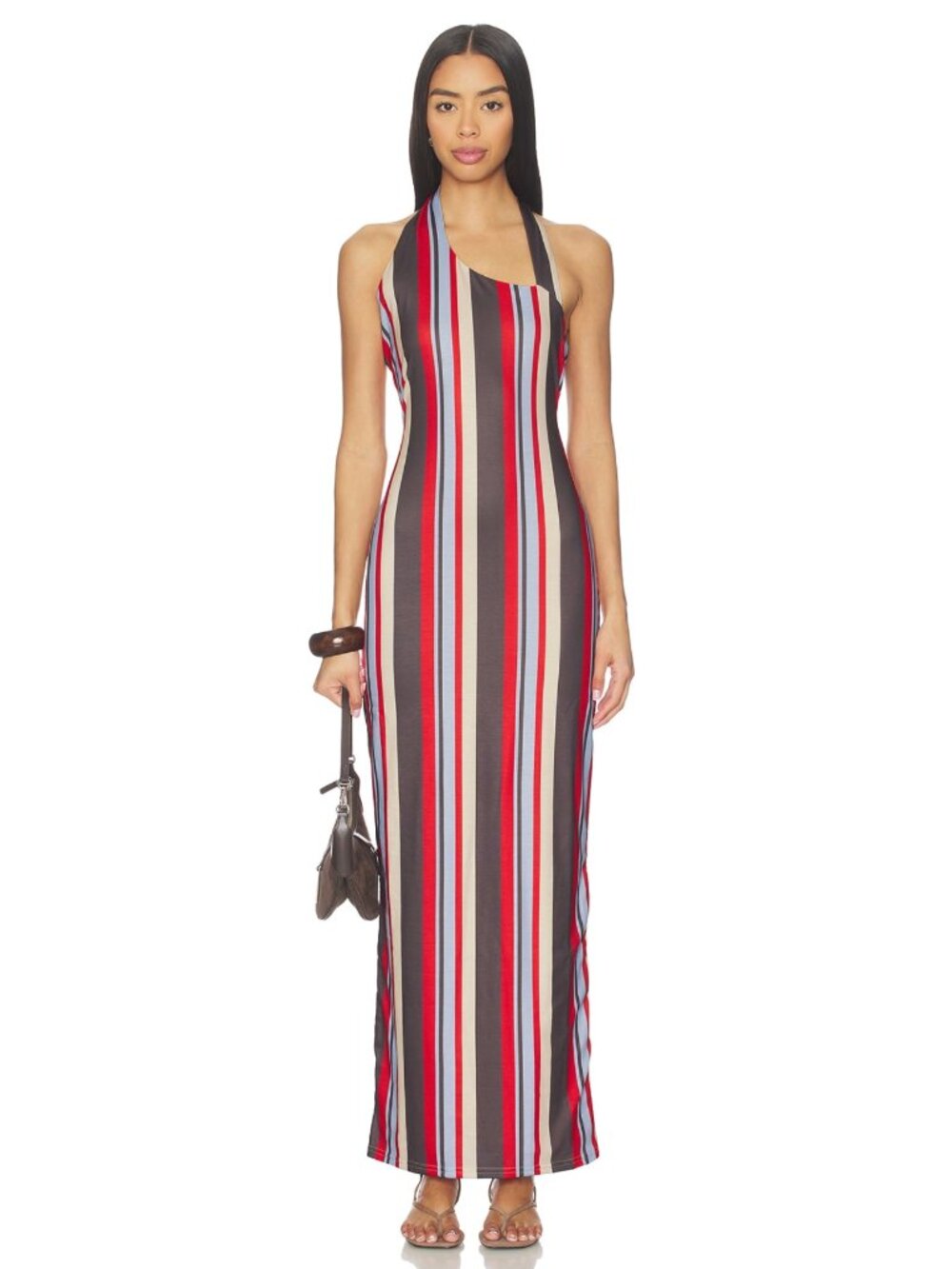 NEW SNDYS Sherri Asymmetrical Maxi Dress in Multi Stripe Brown Red Sundress XS